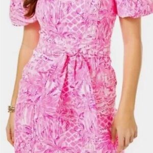 Lilly Pulitzer Merian stretch dress in pink blossom palm beach paradise print